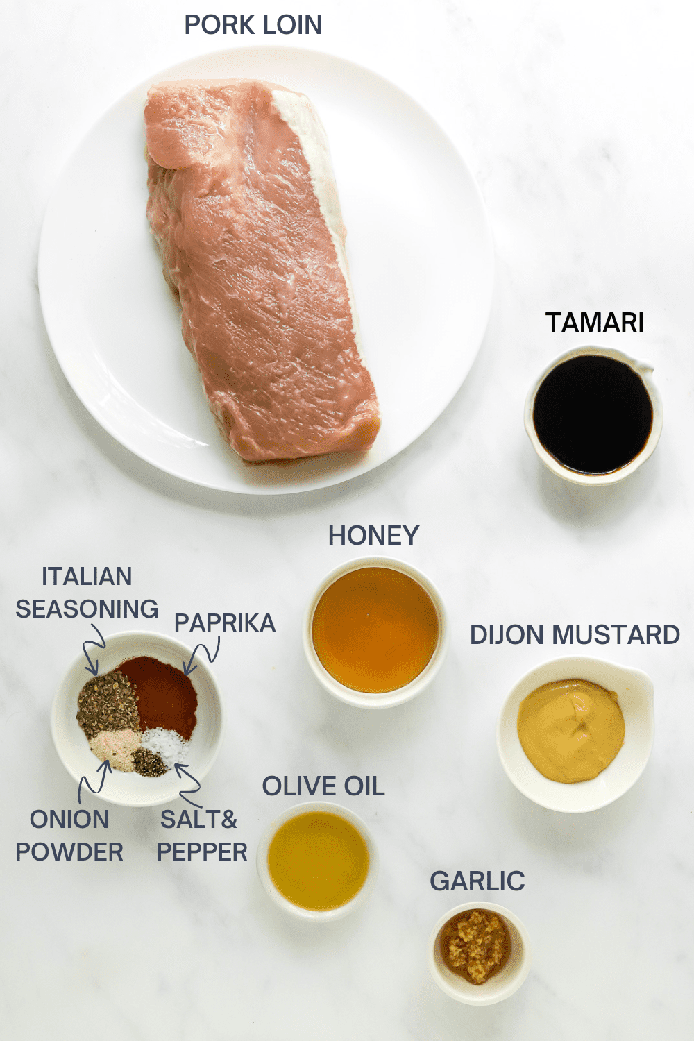 Raw pork loin on a plate with bowls of ingredients for a glaze in front of it with labels over each ingredient.