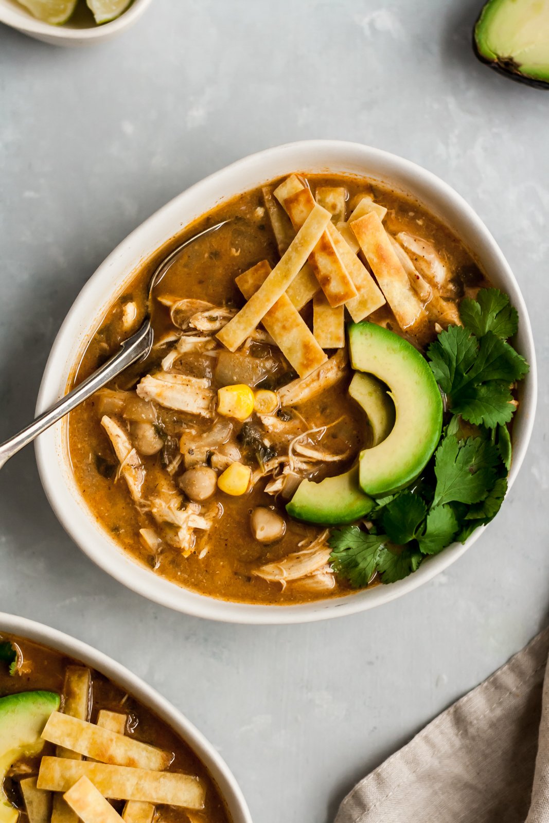 healthy white chicken chili made with leftover turkey in a bowl