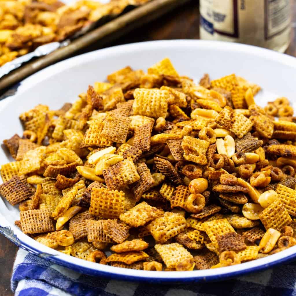 Chex Mix in a serving dish.