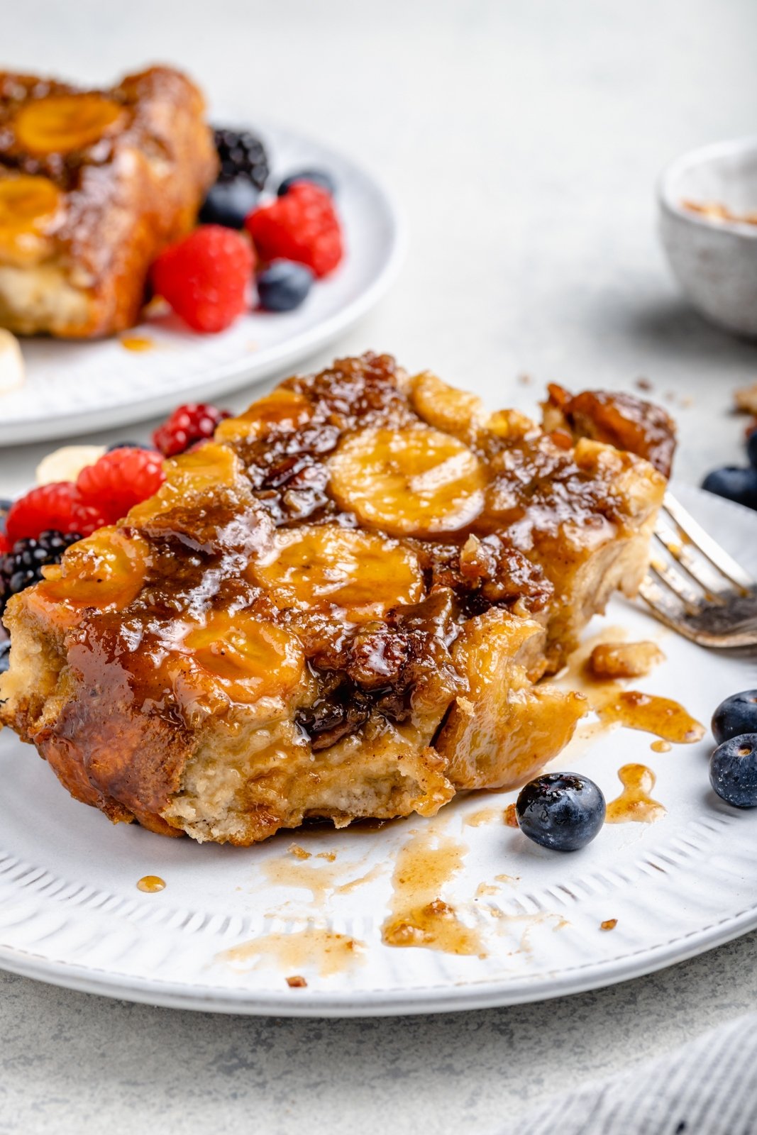 slice of banana french toast casserole on a plate