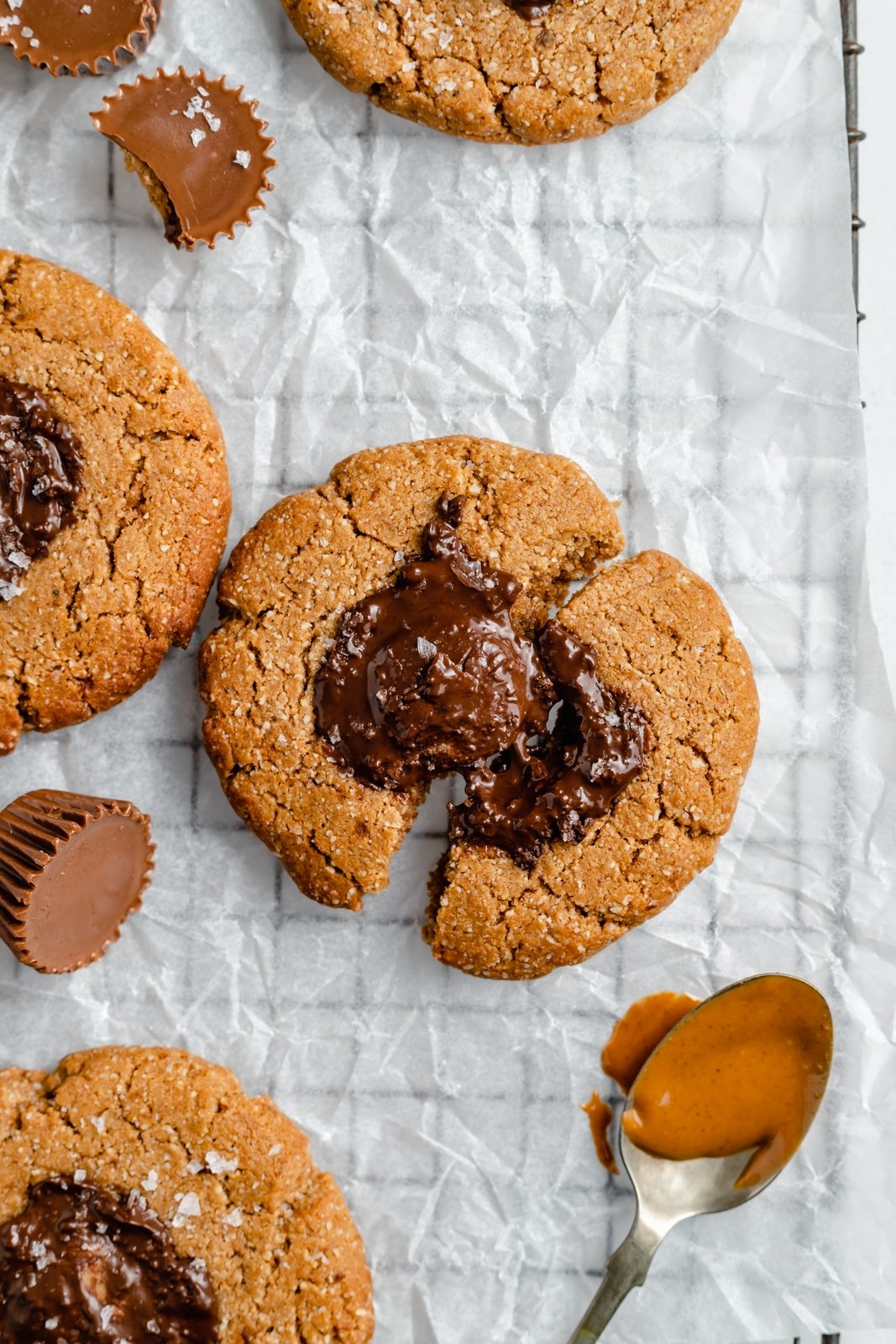 healthy peanut butter cup cookie broken in half