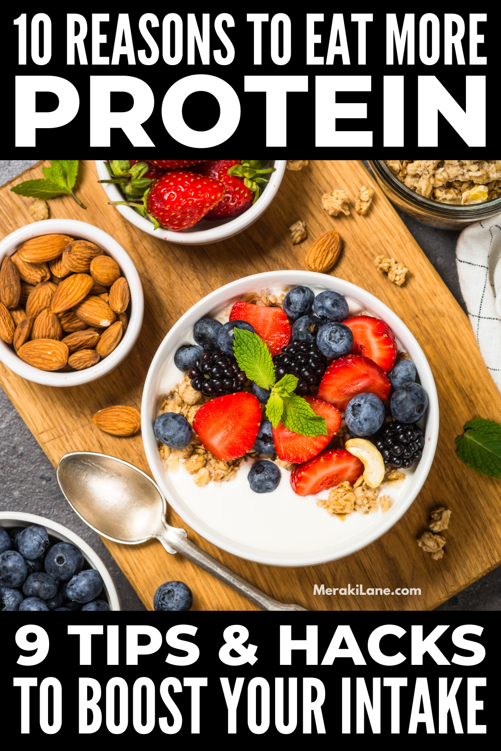 How to Eat More Protein | What are the benefits of eating protein? How much protein should you eat? How do I incorporate this macronutrient into breakfast, lunch, dinner, and snacks? If you're looking for easy ways to boost your protein intake so you feel full and satiated in an effort to curb your eating and lose weight, this post is for you! You'll learn the best food sources of protein - including plant-based protein options! - and tips for meeting your protein targets on the daily.