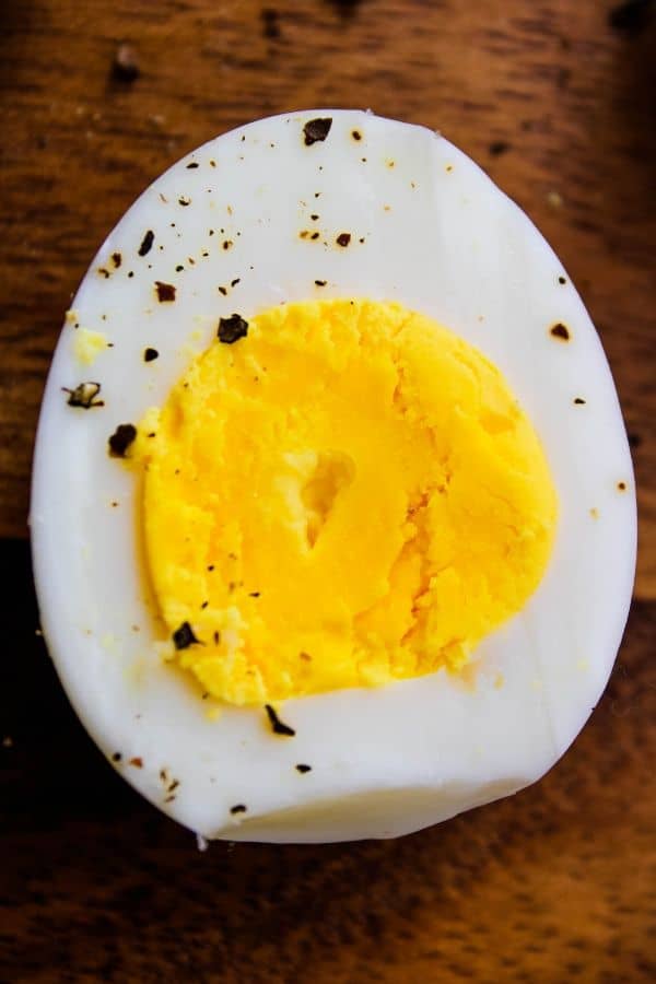 Closeup of one Hard Boiled Egg peeled and halved