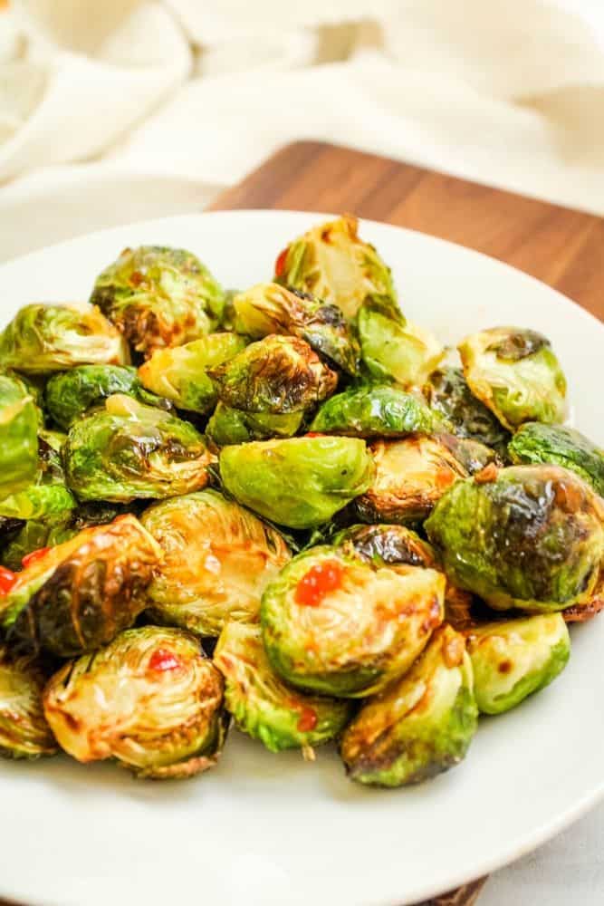 Sweet Chili Brussels Sprouts on white plate