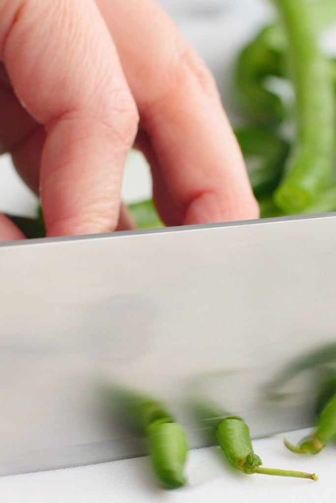 Title and Shown: Asian Air Fryer Green Beans (on a white plate)