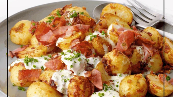 air fryer potato salad: Ingredients: 1.5 pounds (680g) baby potatoes, halved 2 tablespoons olive oil Salt and pepper, to taste 4 slices bacon, cooked and crumbled 1/2 cup mayonnaise 2 tablespoons Dijon mustard 2 tablespoons chopped fresh dill 2 green onions, chopped 1/4 cup finely chopped red onion 1 celery stalk, finely chopped Instructions: Preheat your air fryer to 400°F (200°C). Place the halved baby potatoes in a large mixing bowl. Drizzle with olive oil and season with salt and pepper. Toss well to coat the potatoes evenly. Transfer the potatoes to the air fryer basket in a single layer. You may need to do this in batches depending on the size of your air fryer. Cook the potatoes in the air fryer for 18-20 minutes, or until they are golden brown and crispy. Shake the basket halfway through cooking to ensure even browning. While the potatoes are cooking, prepare the dressing. In a separate bowl, combine mayonnaise, Dijon mustard, chopped dill, green onions, red onion, celery, and crumbled bacon. Mix well to combine. Once the potatoes are done, remove them from the air fryer and let them cool for a few minutes. Add the crispy potatoes to the dressing mixture and gently toss until the potatoes are coated evenly. Taste and adjust the seasoning with salt and pepper, if needed. Transfer the potato salad to a serving dish and garnish with additional chopped dill and bacon, if desired. Serve the crispy air fryer potato salad immediately or refrigerate for a couple of hours to allow the flavors to meld together. Enjoy your delicious crispy air fryer potato salad!