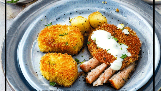 Air fryer herby crumbed fish with aioli and accordion potatoes