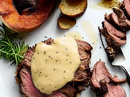 Air fryer roast beef with potato stacks and porcini sauce